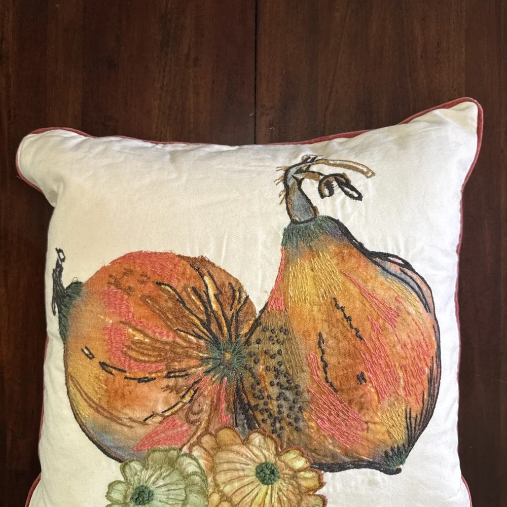 Pottery Barn Throw Pillow Velvet‎ Embroidered Applique Botanical Feather Insert
